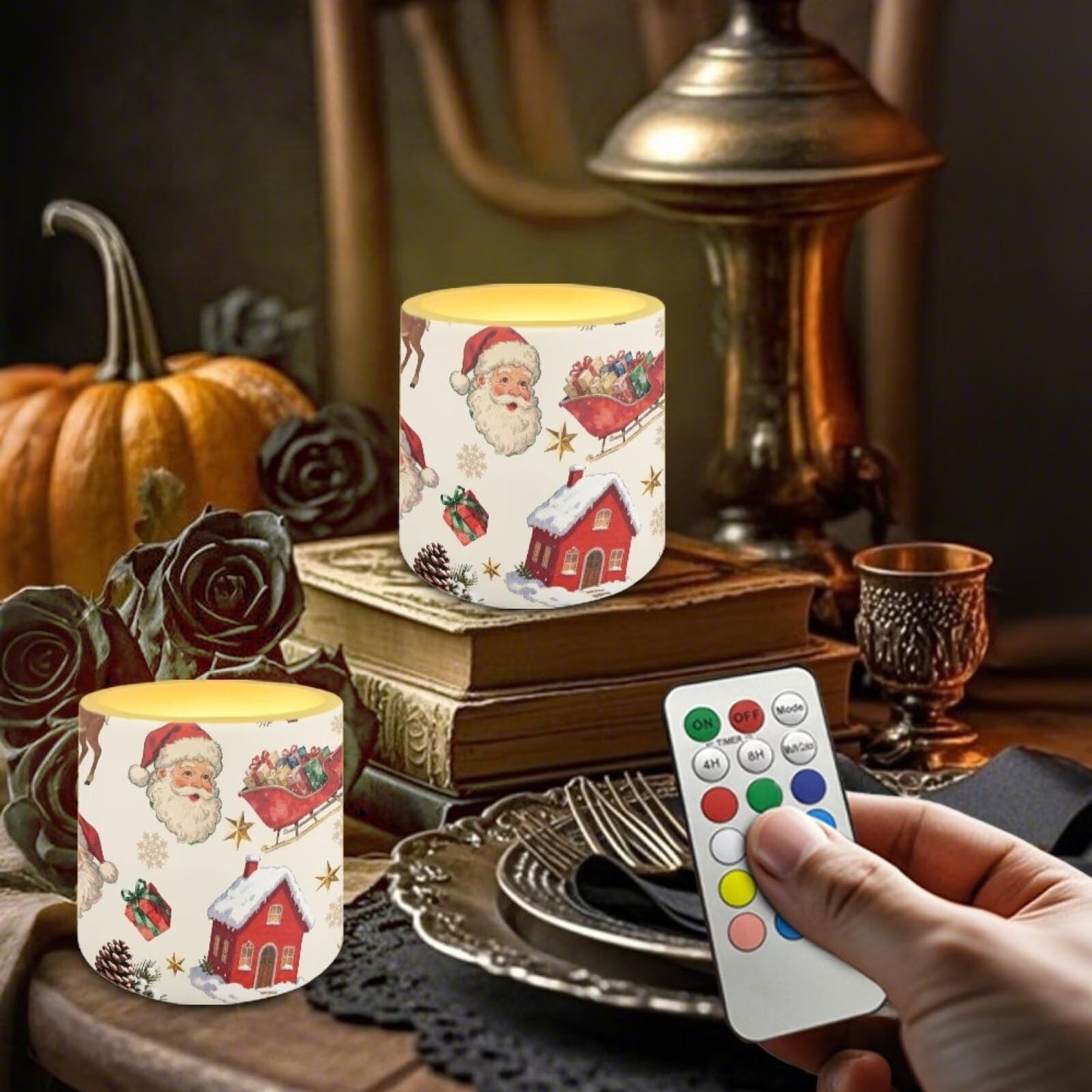 Poceacles LED Flameless Candles Set of 4 Battery Operated Fake Flickering Candles, Outdoor Indoor Tealights for Holiday Festival Christmas Decorations, Santa Claus Sleigh Christmas Wreath Beige