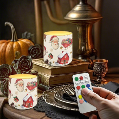 Poceacles LED Flameless Candles Set of 4 Battery Operated Fake Flickering Candles, Outdoor Indoor Tealights for Holiday Festival Christmas Decorations, Santa Claus Sleigh Christmas Wreath Beige