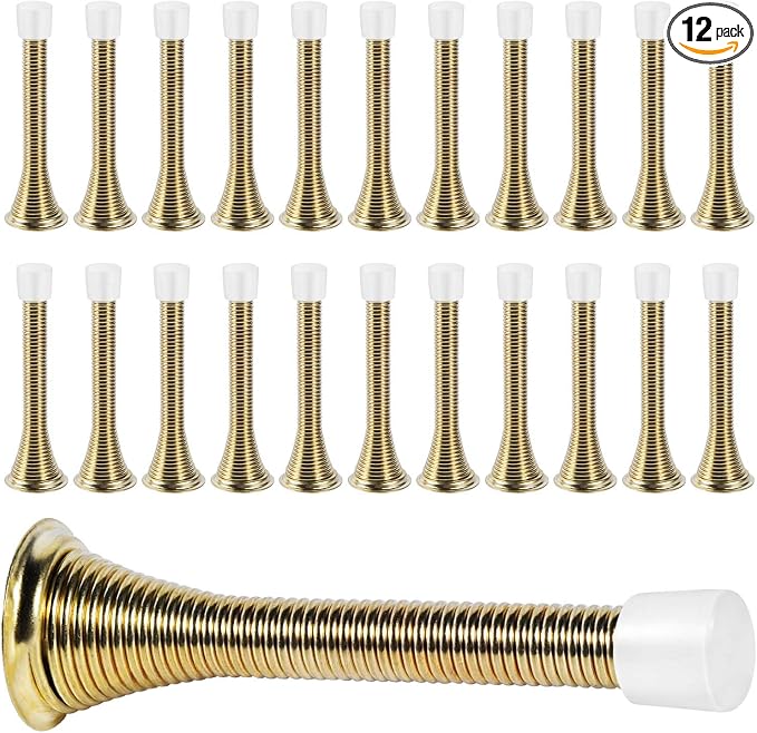 KISEER 24 Pack Spring Door Stops 3 1/4 Inch Flexible Heavy Duty Spring Door Stopper with RustProof Screw Rubber Bumper Tips (Gold)