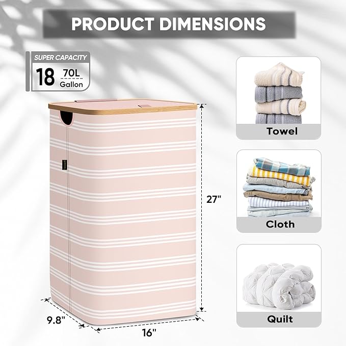 BALEINE Laundry Hamper with Lid, Tall Laundry Baskets with Bamboo Pull Handles