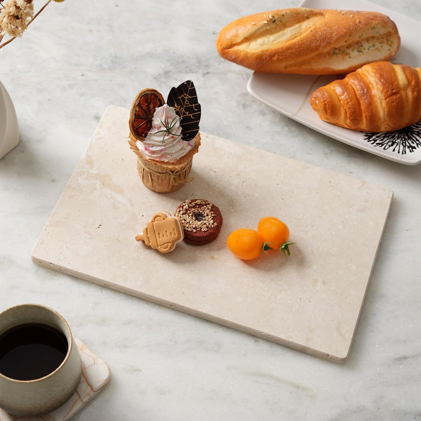 Koville Natural Travertine Marble Cutting Board for Kitchen Counter, 12" x 8" Real Stone Slab Marble Cheese Board for Home Decor, Stone Pastry Boards Bathroom Perfume Tray Candle Plate