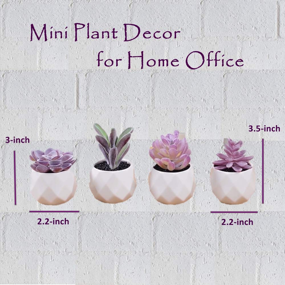 CADNLY Fake Succulent Plant Set - Artificial Desk Plants for Women Desk - Realistic Faux Succulents in Ceramic Pots - Mini Purple Decor for Bedroom Bathroom Office Shelf 4 Pack
