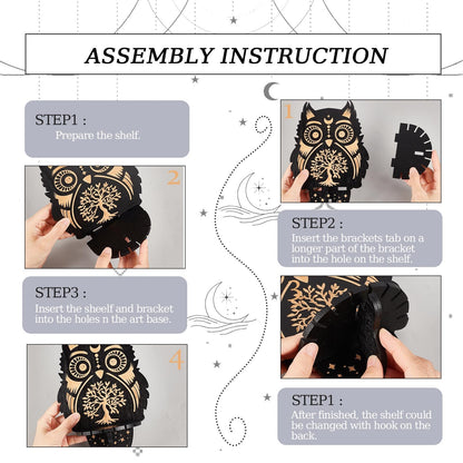 CREATCABIN Crystal Display Shelf Wooden Crystal Wall Shelves Owl Tree of Life Wall Decor Floating Holder Storage Shelf Hanging Altar Witchy Stuff for Stones Essential Oil Spiritual Gift Black 8x6Inch