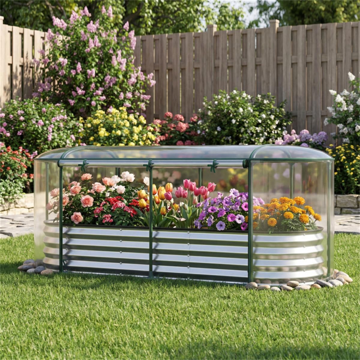 3-in-1 Raised Garden Bed with Greenhouse Cover, Oval Color Steel Planter Box, 6x2x1 Ft, Black (Silver)