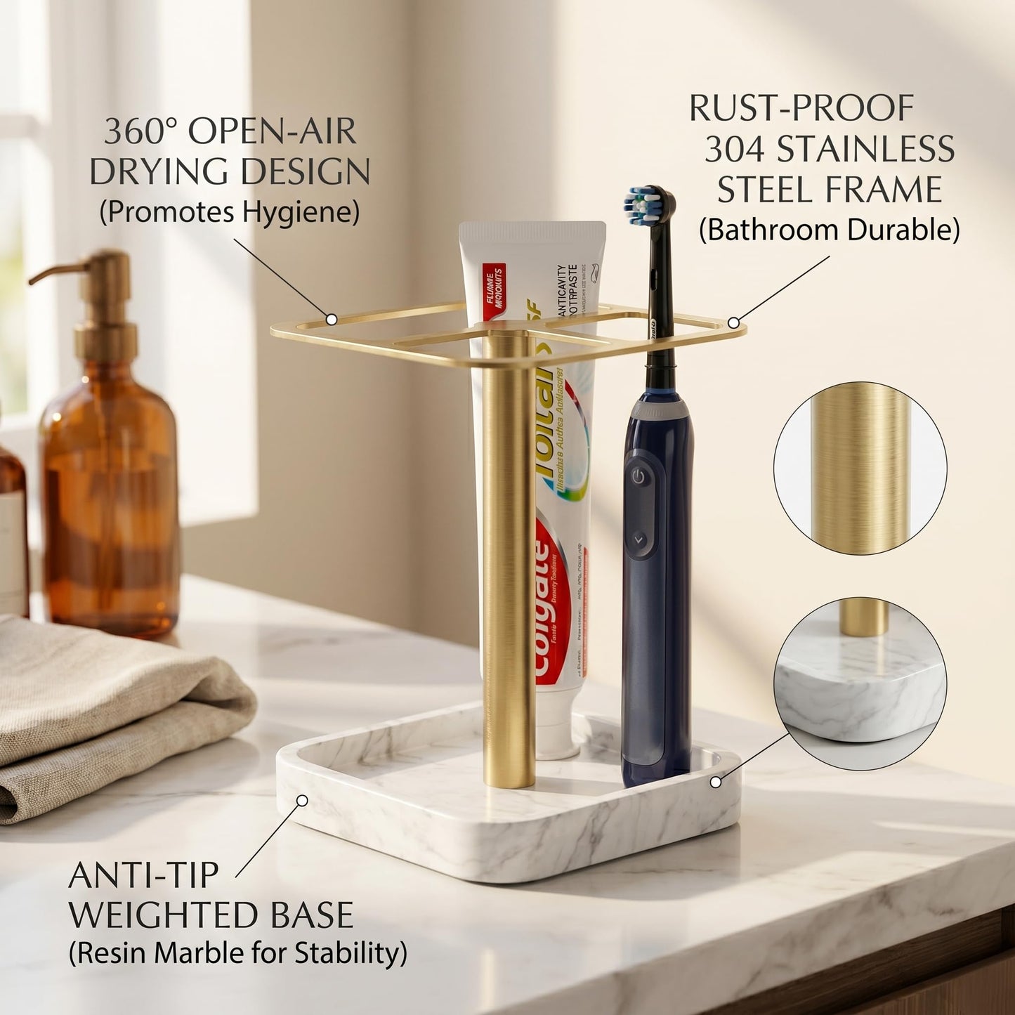 ERSINNO Electric Toothbrush Holder for Bathroom - Resin Marble Base & 304 Stainless Steel Organizer - 3-Slot Toothpaste and Vanity Stand - Space-Saving Bathroom Caddy for Countertop (White Silver)