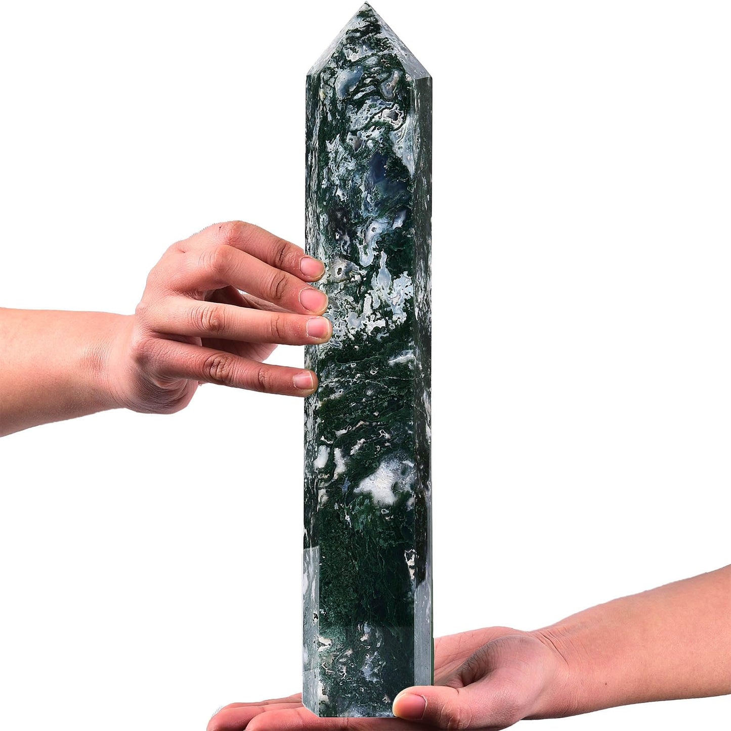 AMOYSTONE Extra Large Healing Crystal Obelisk Towers Moss Agate Point Wand Home Decor Reiki Healing 4.0-4.4LBS