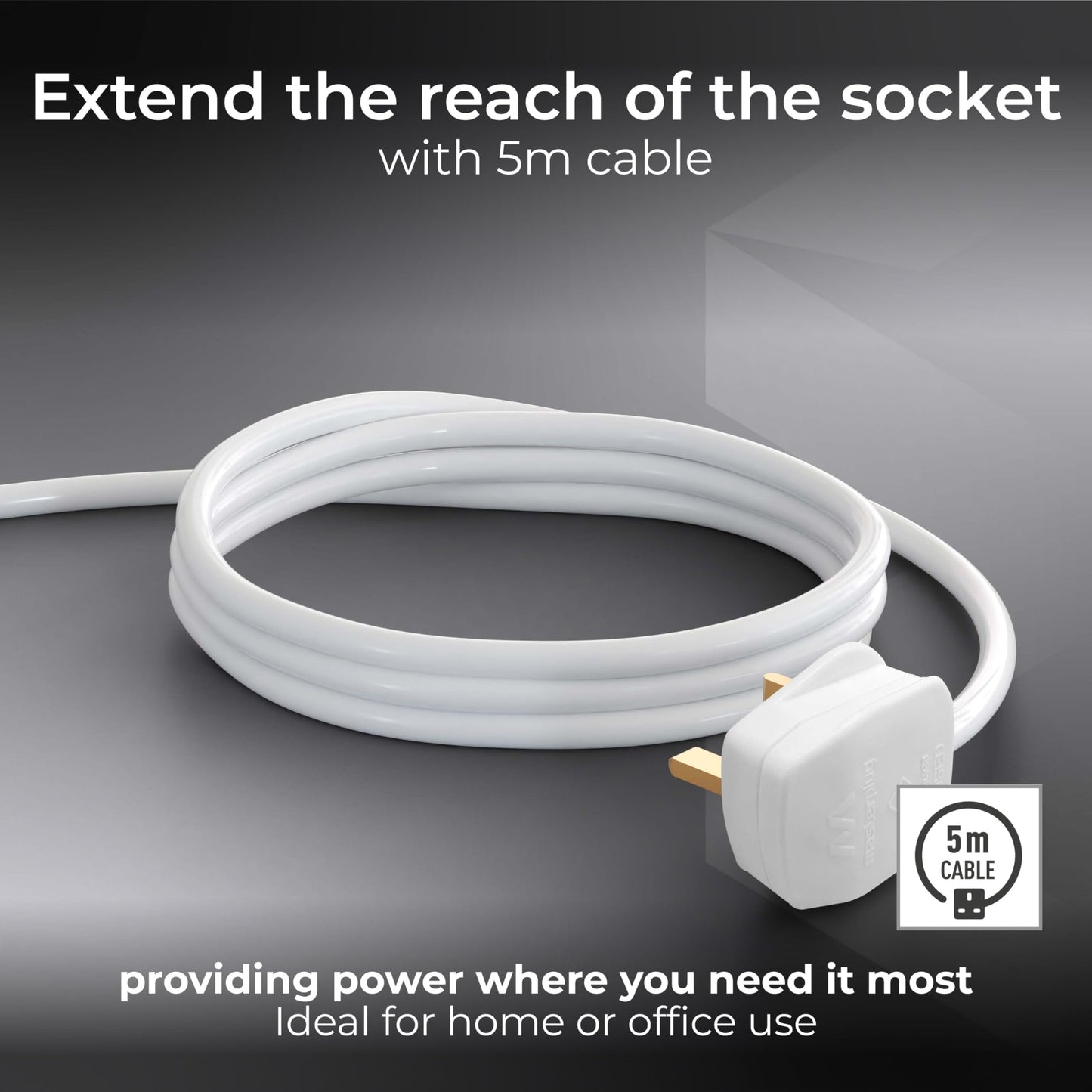 Masterplug Four Socket Extension Lead, Unswitched, 5 Metre Cable, 4-Way Plug Extension Cable, Power Strip, Basic Power, White, 13A, 4G, 5m, BFG5N