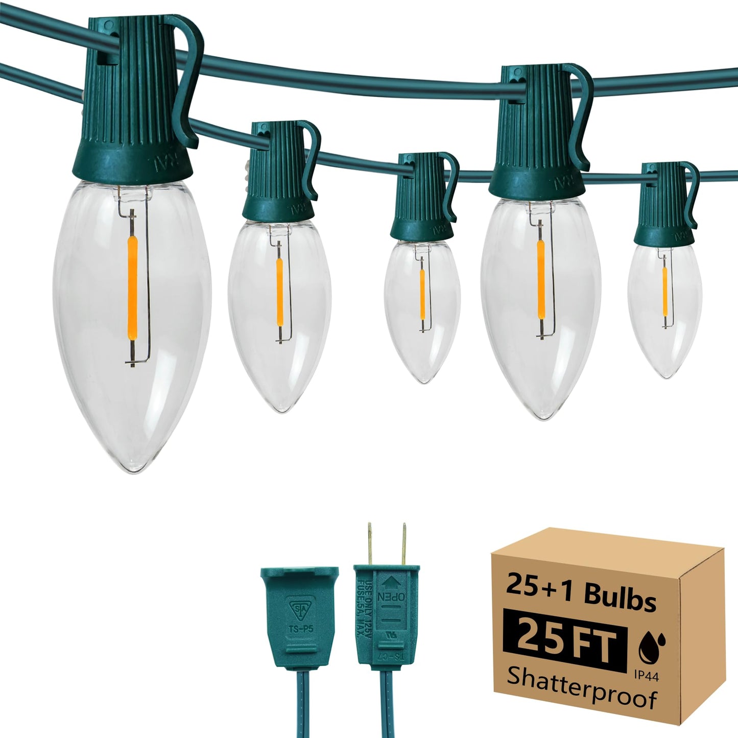 C9 Clear Christmas String Lights, 25FT 26 Bulbs Bright & Warm Outdoor Christmas Lights, Outdoor Indoor Xmas Roofline Backyard Garden Patio Home Holiday Decor, Waterproof Extendable Green Wire