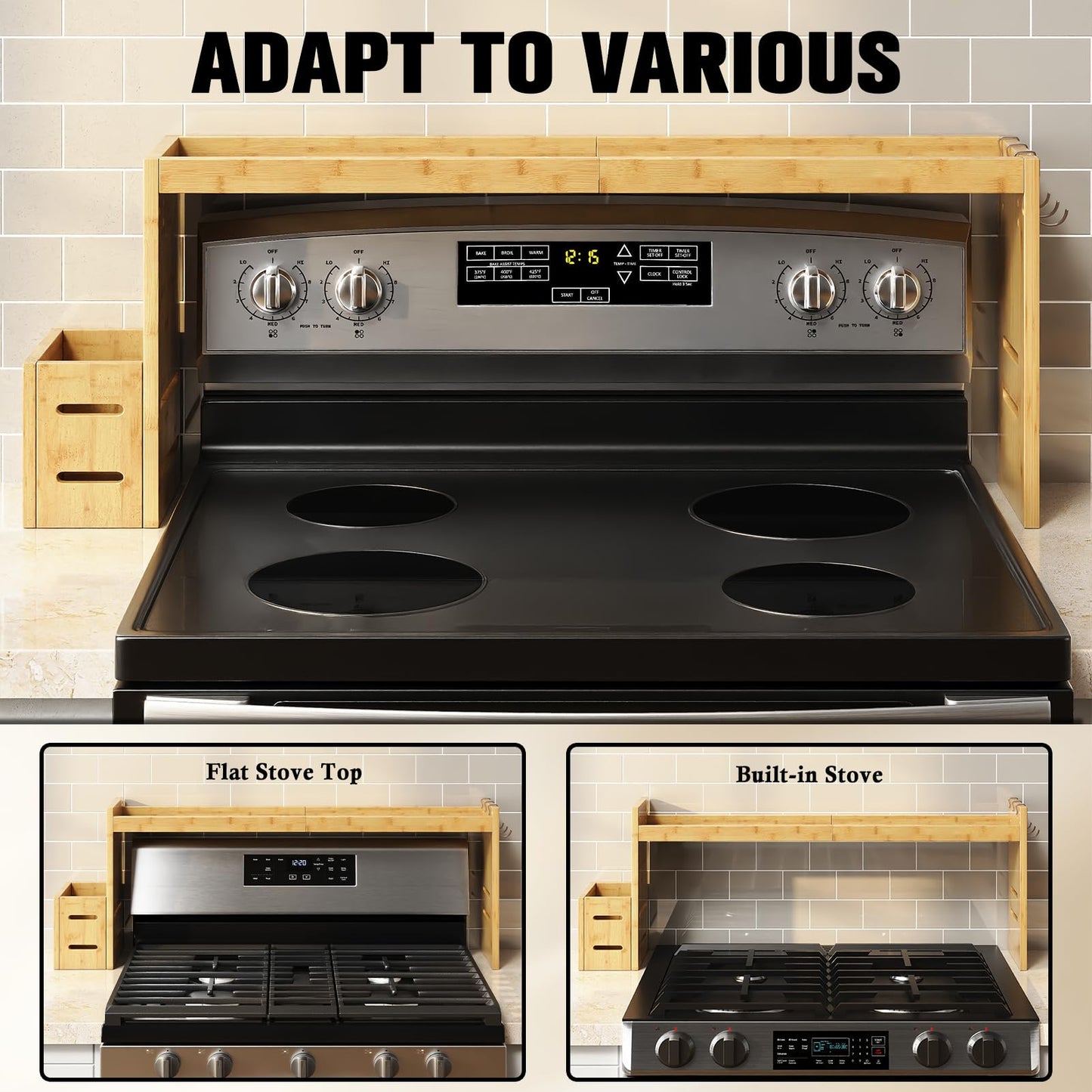 MAICHUAN Bamboo Stove Shelf, Spice Shelf for Kitchen Stove, 31in Over the Stove Shelf, Stove Top Shelf for Back of Stove with EVA Kitchen Liner, Utensil Holder & 6 Hooks, for Over Stove
