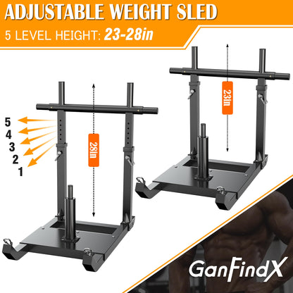 GanFindX Adjustable Weight Sled with Straight Handlebar for Push & Pull Training, Heavy Duty Fitness Sled with 5 Height Levels, Strength Speed Trainer, Fits 1"&2" Plates