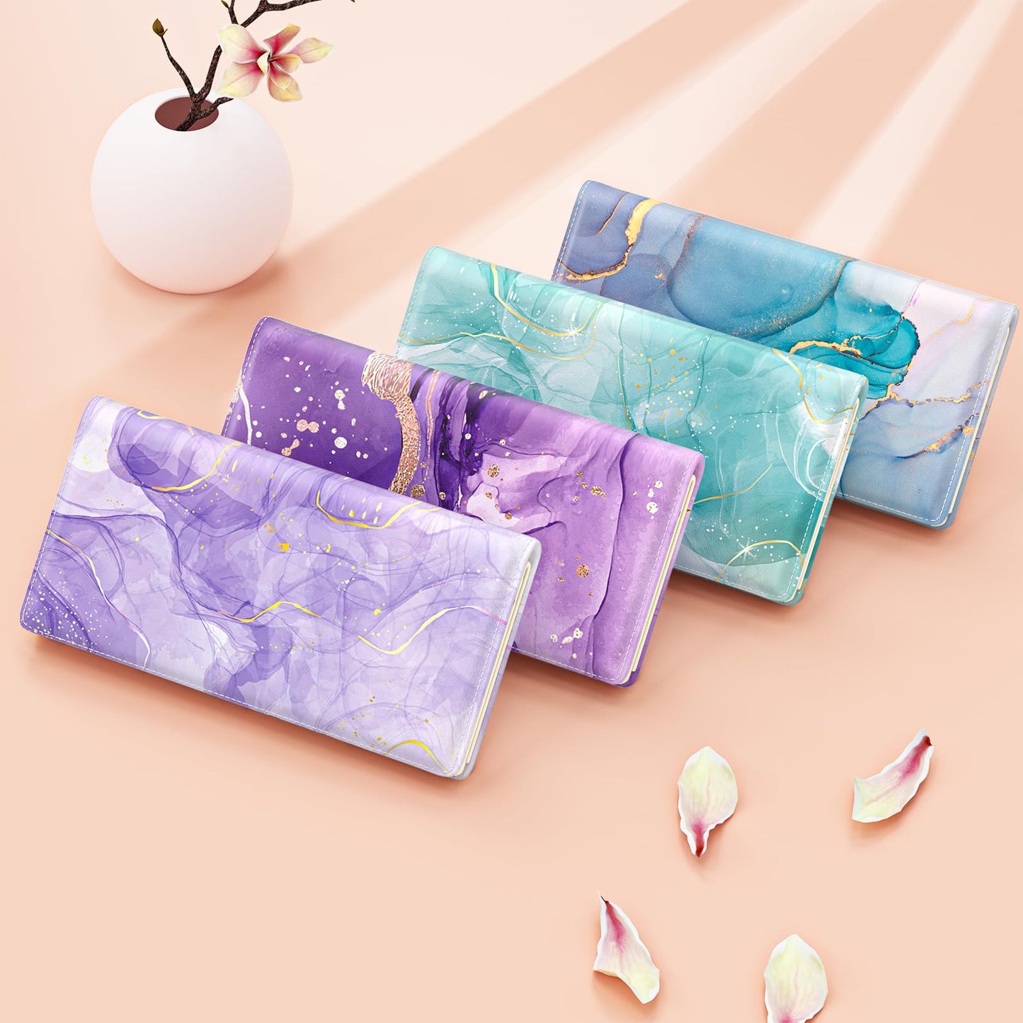 TMOODEL Wallet Women, Cute Marble RFID Blocking Credit Card Holder for Women, Slim Thin Leather Bifold Ladies Purse, Clutch Billfold Card Holder Wallets with 11 Card Slots & ID Window, Purple Abstract