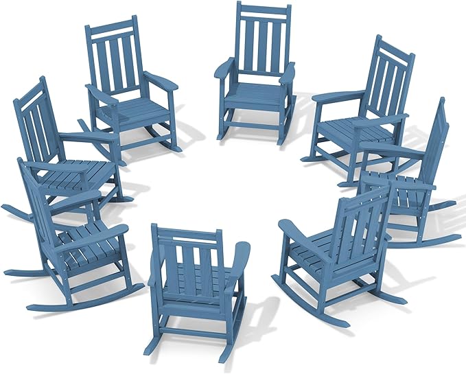 KINGYES Oversized Outdoor Rocking Chair Set of 8, All-Weather Patio Rocking Chairs for Porch, HDPE Outdoor Patio Rockers with High Back & Wide Seat for Garden, Lawn, Blue