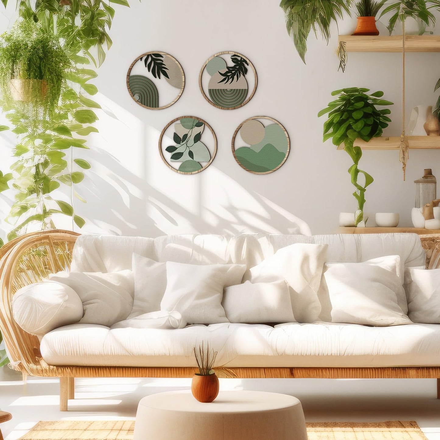 Qunclay 4 Pcs Boho Wall Art Bohemian Wooden Round Circle Wall Decor Hollow out Hanging Farmhouse Aesthetic for Bedroom Living Room Bathroom Bedroom Bathroom Patio Apartment Gift 10 Inch (Green)