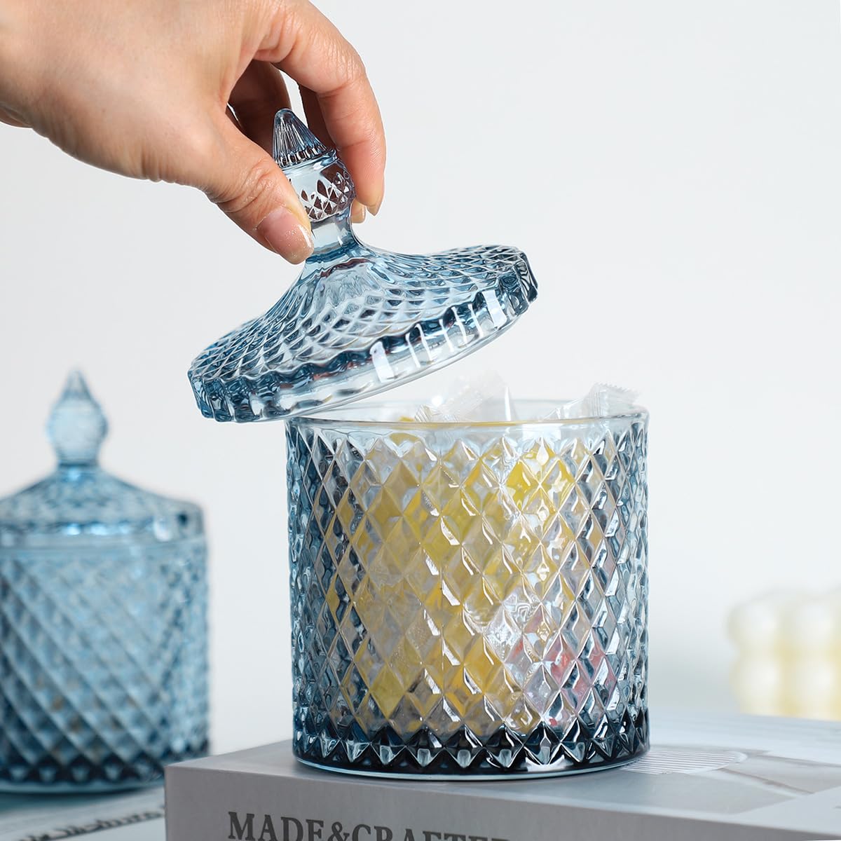 Sizikato Diamond Faceted Crystal Glass Candy Jar with Lid, 18oz Blue Decorative Jar, Nut Jar, Dried Fruit Storage Jar.