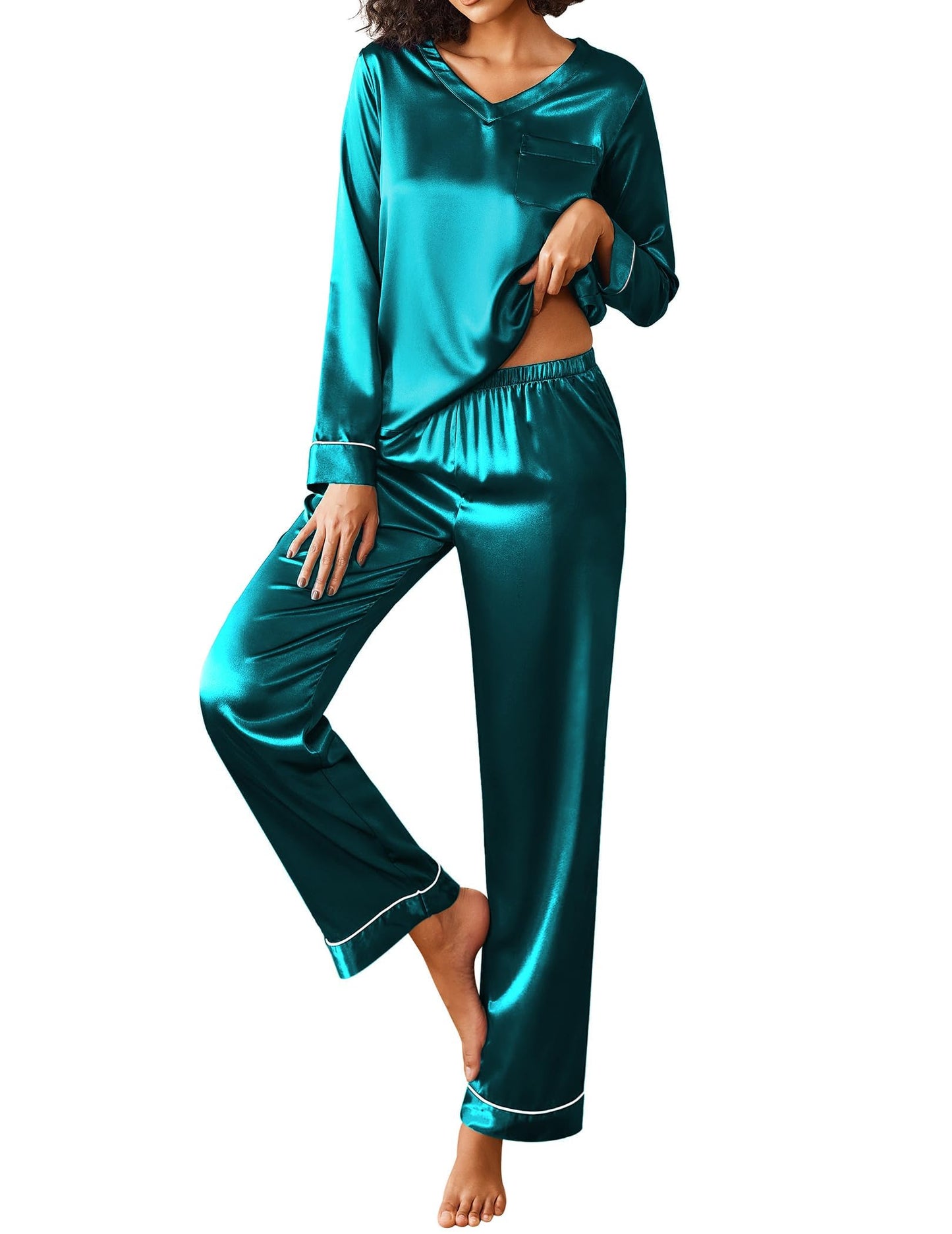 Ekouaer Silk Pajama for Women Long Sleeve Satin Pj Set Two Piece Soft Sleepwear Loungewear S-XXL