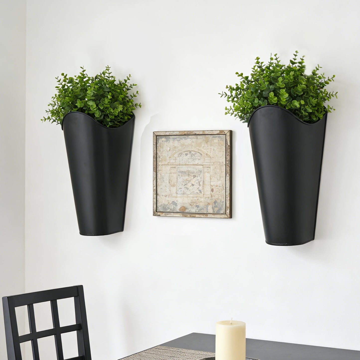 SYITCUN 12 Inches Galvanized Wall Planters, Set of 2 - Black Metal Hanging Flower Buckets for Farmhouse Decor, Tall Tin Vases for Dried Flowers & Greenery, Indoor Outdoor Country Decor