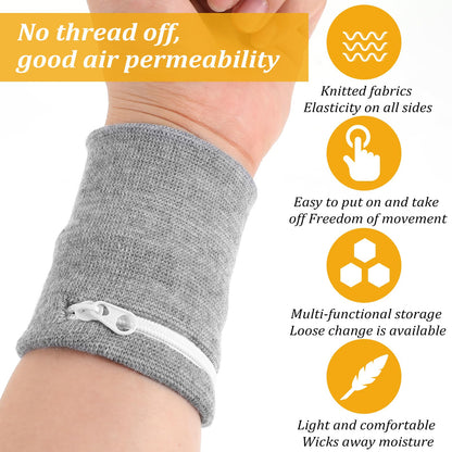 4Pcs Wrist Wallet, Mabor Wrist Sweat Bands with Zipper Light Pocket Sports Absorb Sweat Wristbands for Women Men Gym Sports Running Walking for Storage Key Card Cash