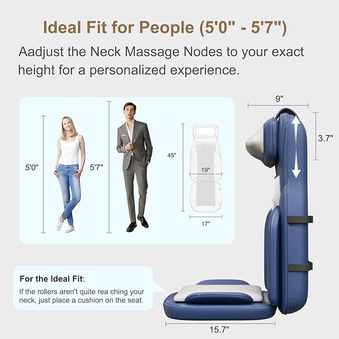 Rainwolf Shiatsu Neck and Back Massage Cushion with Heat - 4D Deep Tissue Kneading Full-Back Massager for Relief Fatigue, Adjustable Intensity & Height, for Office Chair & Home