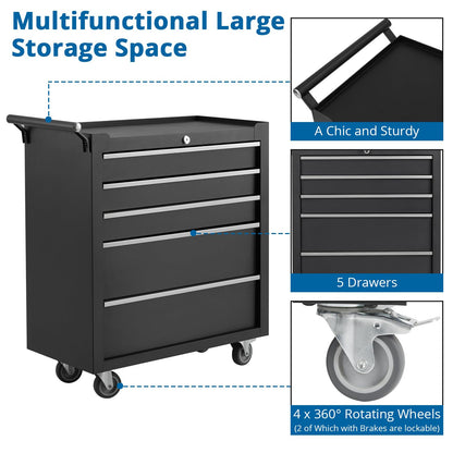 GarveeHome 5-Drawer Tool Chest, Rolling Tool Box with Wheels and Lock System, Portable Storage Rolling Tool Chest for Warehouse, Workshop & Repair Shop, Black