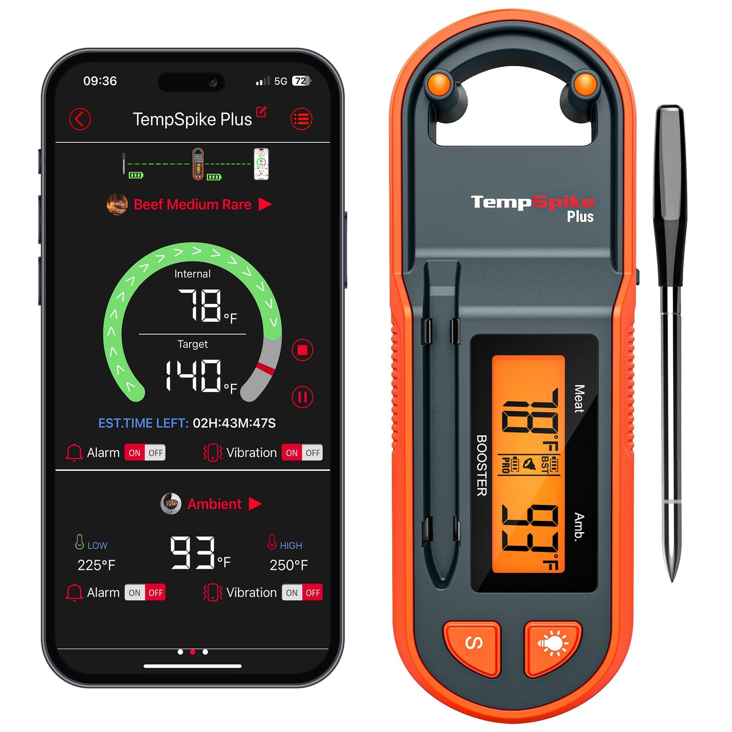 Thermopro TempSpike 600 ft Wireless Meat Thermometer Digital with Ultra-Thinner Probe, Bluetooth Meat Thermometer Wireless with LCD-Enhanced Booster for BBQ Grill Smoker Rotisserie Sous Vide