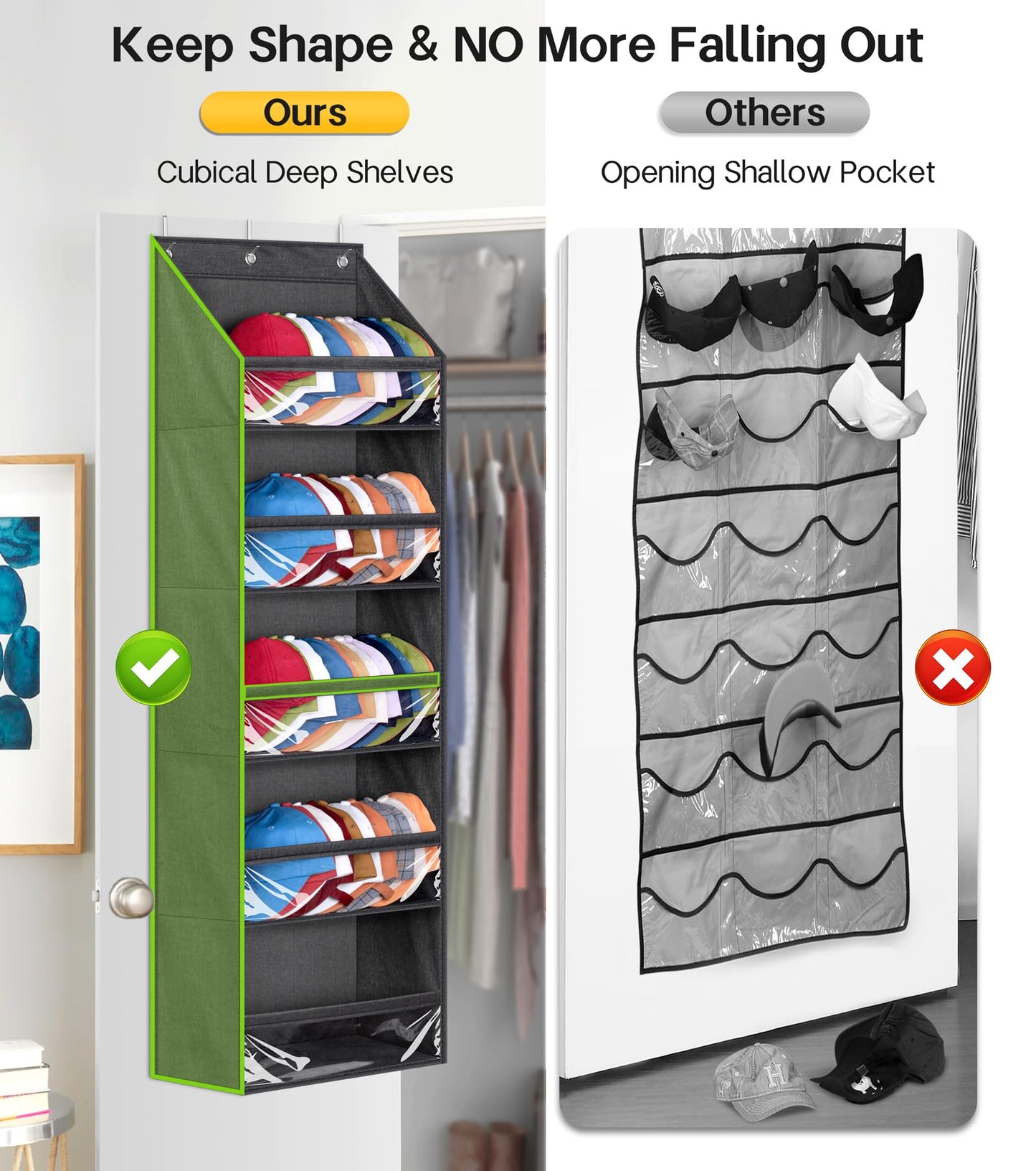 SLEEPING LAMB Over Door Hat Racks for Baseball Caps, Clear Deep Pockets Hat Organizer for Closet or Wall Hold 60 Hats Storage Holder With 3 Hooks Caps Display (Black)