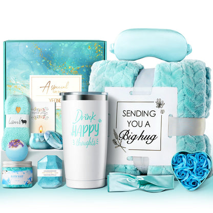YFONG Gift Baskets for Women, 12PCS Get Well Gifts for Her, SPA Gift for Mom, Wife, Girlfriend, Friends, Blue Happy Birthday Gifts Set, Relaxing Self Care Gifts for Christmas Day - Ocean