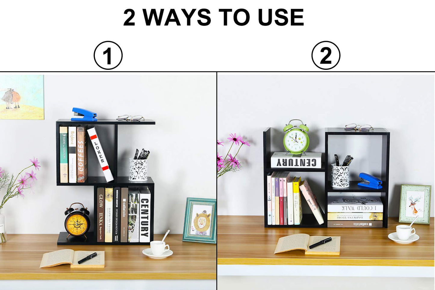 PAG Desktop Shelf Freestanding Wooden Small Bookshelf Desk Supplies Organizers and Accessories Storage Display Rack Office Dorm Decor for Women, Black