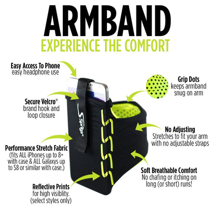 Sprigs Armband for iPhone 11/x/xr/8/7 Plus, Galaxy S10/S9, Google Pixel 4. Lightweight & Comfortable Running Armband, Stretches to Fit All Phones with Case - Black/HiViz, Large