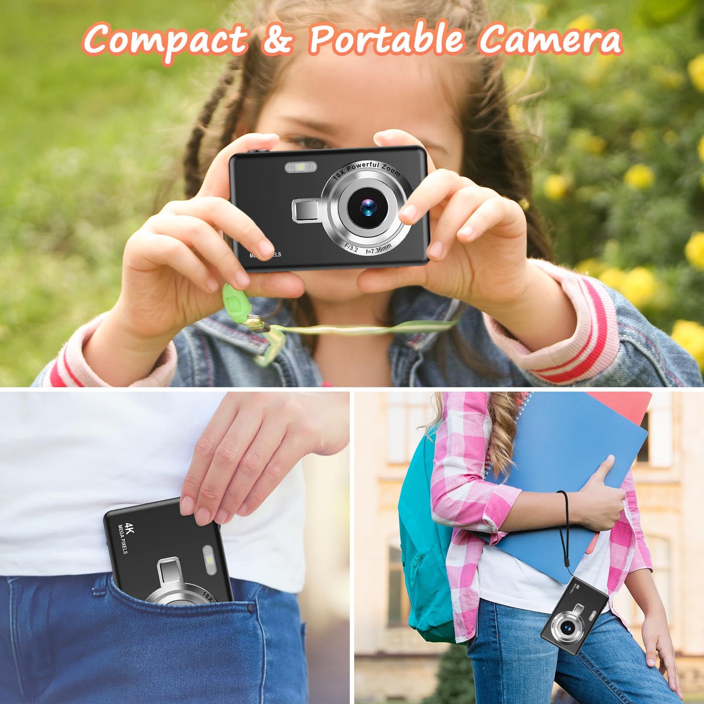 Digital Camera 1080P FHD 44MP with 2.4" LCD Screen,16X Digital Zoom, Compact Portable Vlogging Camera with 32gb SD Card for Kids Teen Students Beginner (Black)