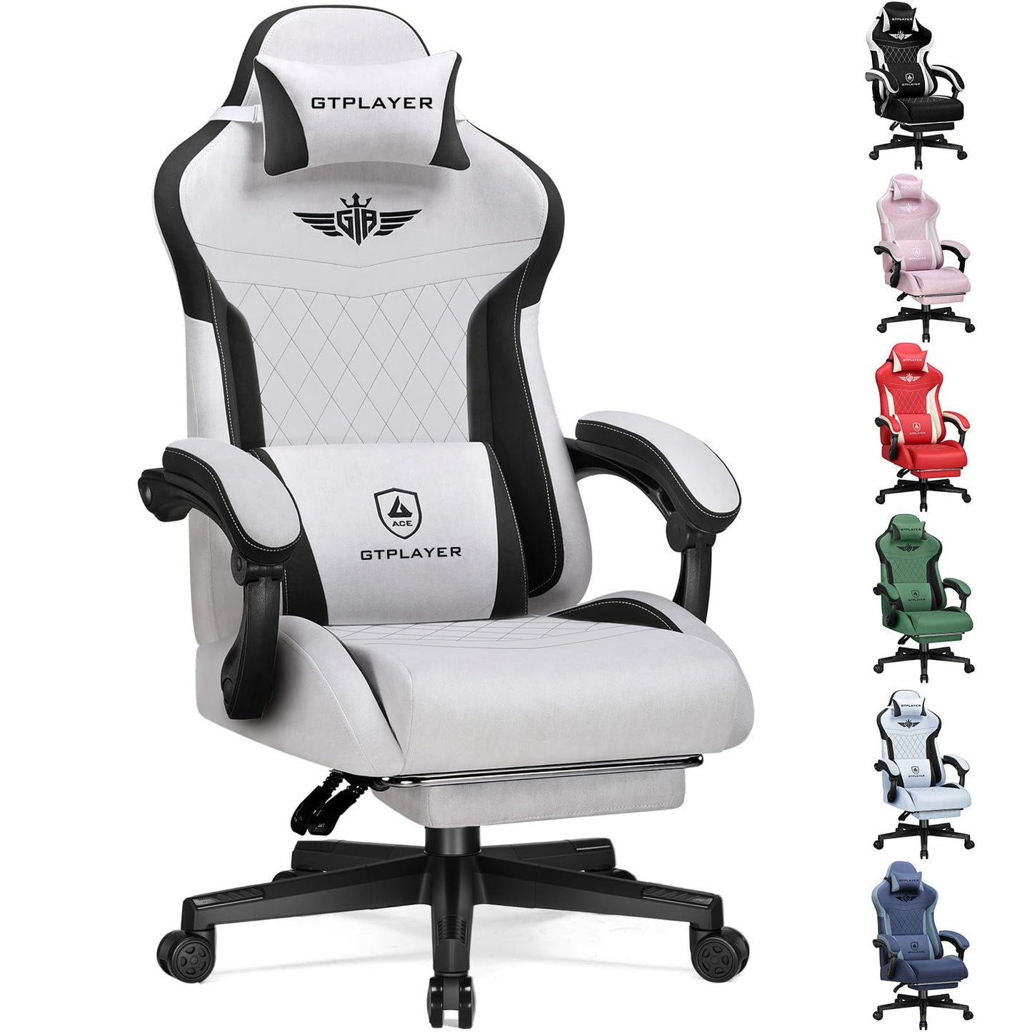 GTPLAYER Gaming Chair with Footrest, Big and Tall Game Chair High Back Computer Office Chair with Lumbar Support for Adults, Ergonomic Swivel Games Chair with Cushion Gaming, Fabric Grey
