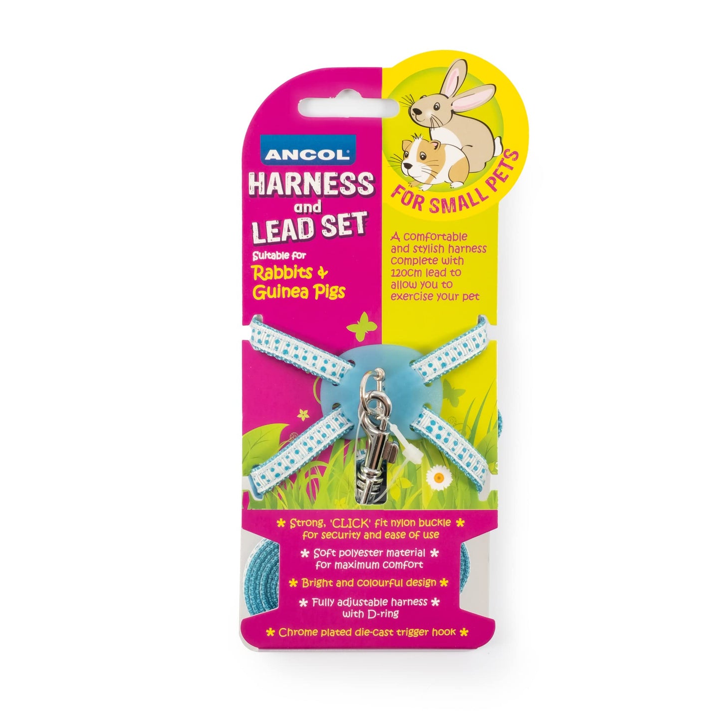 Ancol Rabbit Harness and Lead Set Blue Polka Dot Adjustable Nylon Strap for Small Pets - Secure Buckles and Chrome Hook