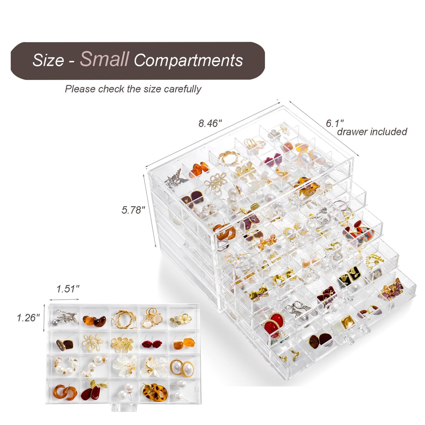 YUFONG Earring Holder Organizer Acrylic Earring Storage Box for Girls Women Jewelry Organizer Display Case with 100 Small Compartment (Clear, 5 Drawers)