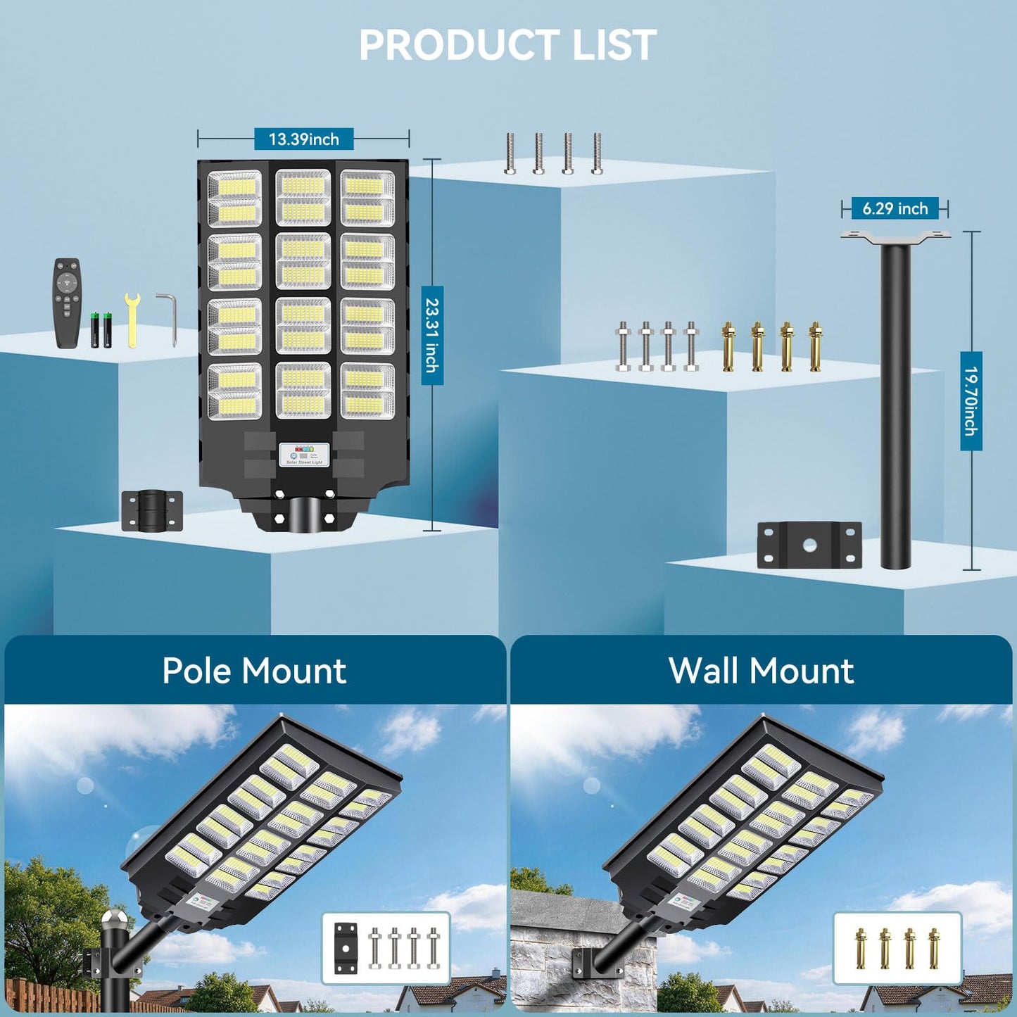 VOOJOY 8000W Solar Street Lights Outdoor Waterproof, Dusk to Dawn Solar Lights Outdoor, LED Flood Security Light with Motion Sensor and Remote Control for Yard, Parking Lot, Garage, Street, 3 Pack