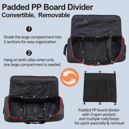 Bagenerous 110L/140L Expandable Soft-Sided Foldable Duffle Bag with 2 Rubber Wheels,Packable 32” Rolling Carry-On with Multi-Pockets & Compartments,Black Red