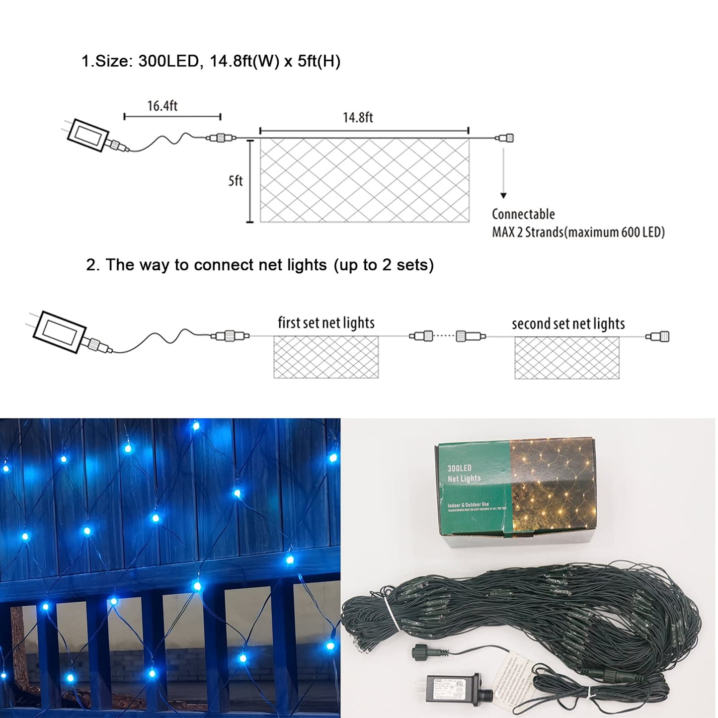 OYCBUZO 300LED Net Lights,14.8ftx5ft 8 Modes Connectable Christmas Mesh Lights, Indoor and Outdoor Fairy String Lights Plug in for Halloween Thanksgiving Bushes Xmas Tree Holiday Party Garden - Blue