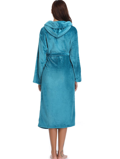 Vlazom Dressing Gown, Flannel Soft Bathrobe Cosy Robes Fluffy Winter Hooded Housecoat for Women/Men, Peacock Blue-with Hooded, 43813