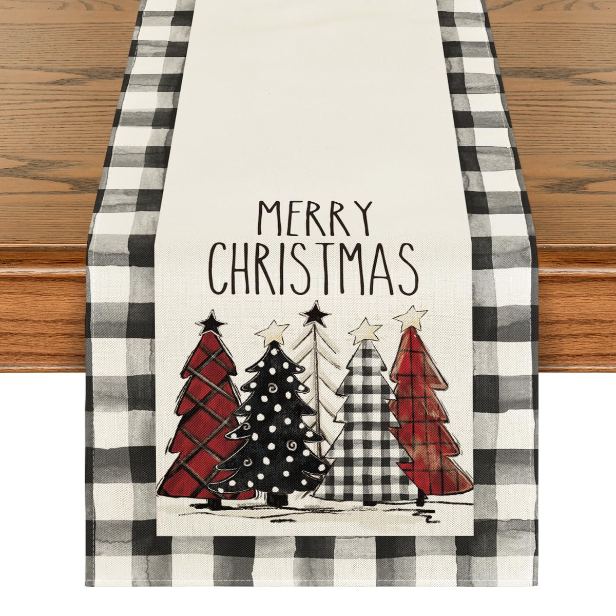 Artoid Mode Waterclor Buffalo Plaid Christmas Trees Merry Xmas Table Runner, Seasonal Winter Holiday Kitchen Dining Table Decoration for Indoor Outdoor Home Party Decor 13 x 90 Inch