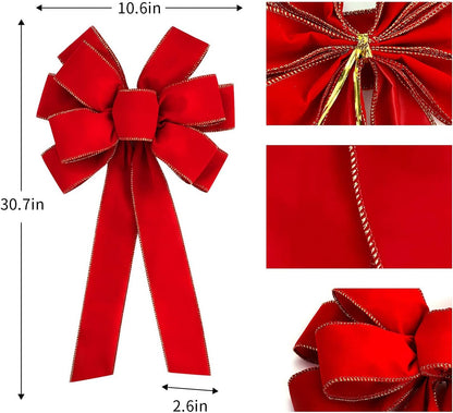 Iceyyyy 8 Pcs Large Christmas Bow-30.7" x 10.6" Christmas Golden Edged Red Velvet Bow-Christmas Tree Topper Ornament Bow for Xmas Home Wreath Decoration