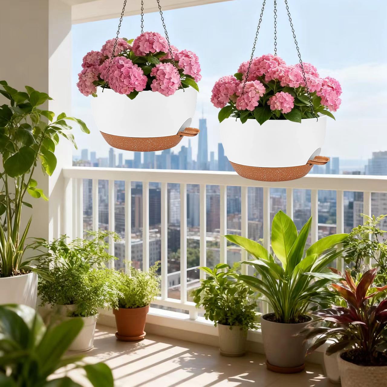 CNLBO 12 Inch Self Watering Hanging Planters 2 Pack, Indoor Outdoor Hanging Pots for Plants with Drainage Holes & Saucers, White Brown Plastic Hanging Baskets for Kitchen Balcony Garden