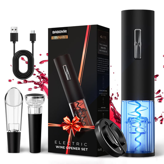 BABONIR Electric Bottle Wine Opener Set, Automatic Electronic Corkscrew with Blue Led Indicator, Vacuum Stopper, Pourer, and Foil Cutter, Perfect for Home, Party and Wedding, Rechargeable