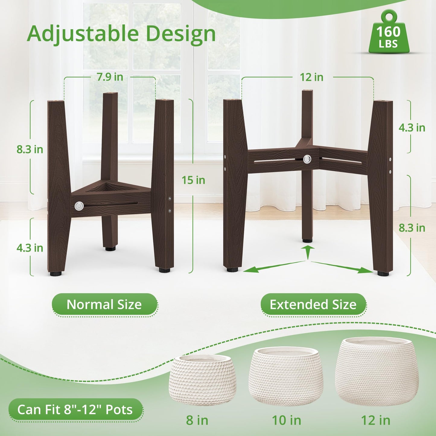 LUE BONA HDPS Plant Stand Indoor Outdoor, Adjustable Mid Century Modern Stand for Plants 8-12 Inch Pots, Coffee Brown