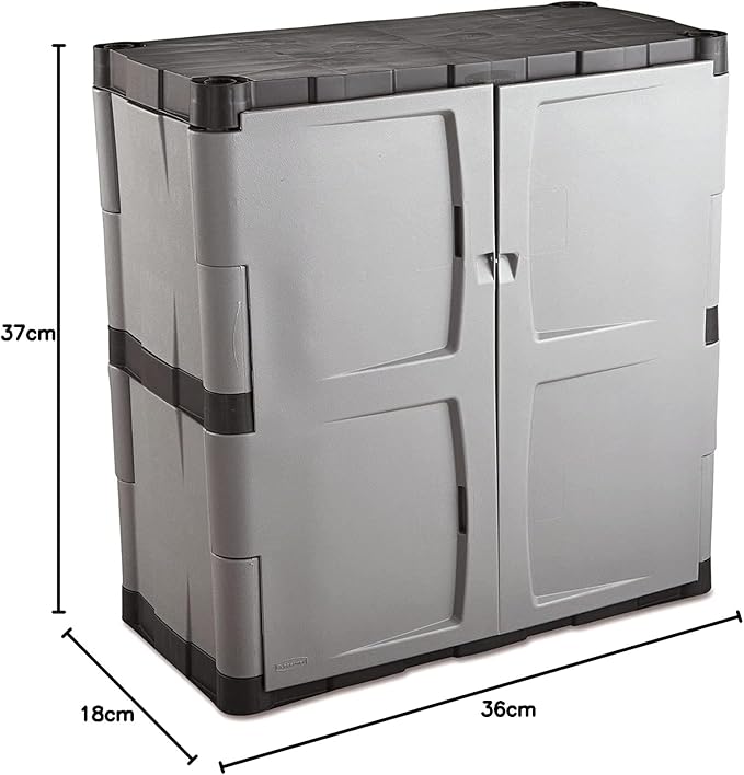 Rubbermaid Freestanding Storage Cabinet with Doors 18"D x 36"W x 37"H Medium Gray/Black Two-Shelf Lockable Cabinet for Indoor/Outdoor/Garage Storage for Garden Tools/Lawn Care Accessories