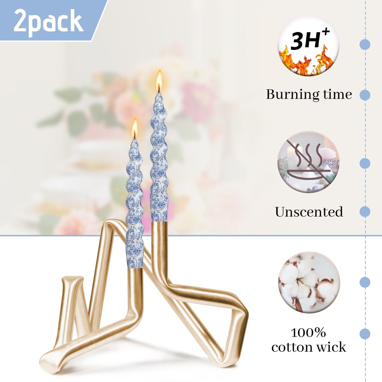 Printed Short Taper Candle Blue Floral Spiral Candlesticks Handmade 7.5 Inch Tapered Candles Smokeless Twisted Candle for Dinner Home Party Decor & Gifts - Set of 2