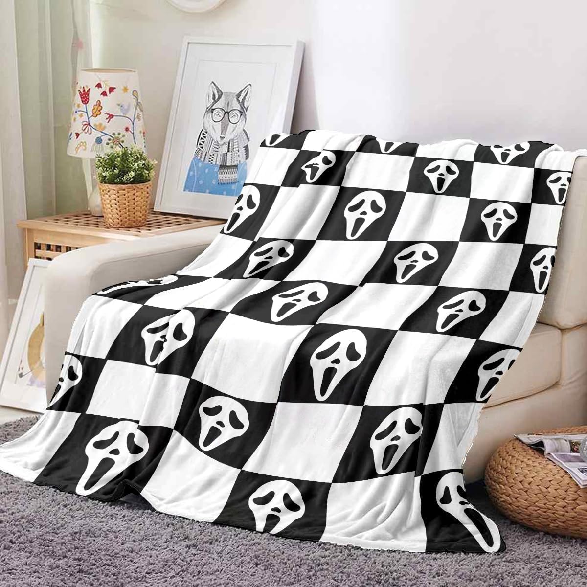 YWZDS Spooky Face Throw Blanket, Black and White Checkered Pattern, Halloween Ghost Blankets Fuzzy Gifts for Sofa Couch Bedroom (50 * 60 inch)