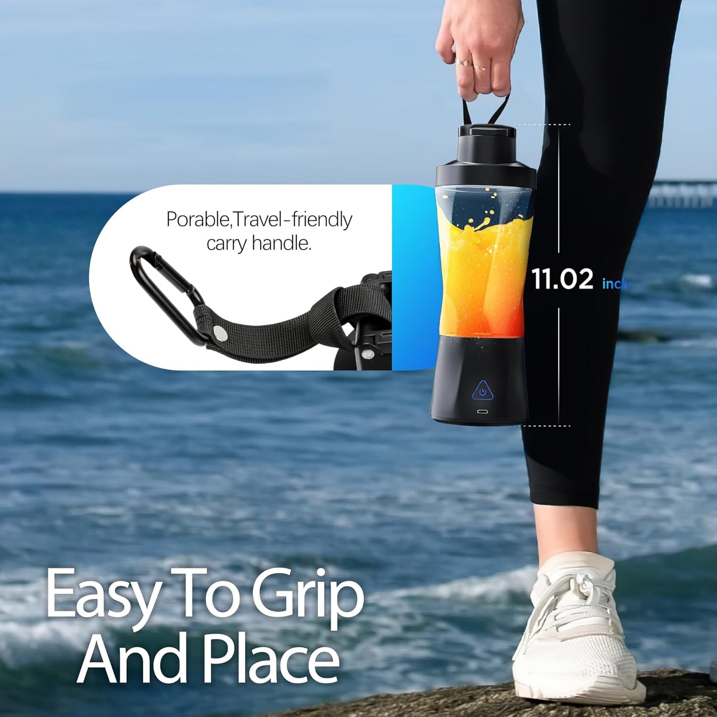 Portable Blender, Cordless, 24oz. Vessel, Personal Blender-for Shakes & Smoothies, BPA Free, Leakproof-Lid & Sip Spout, USB-C Rechargeable & Self Cleaning - Travel with 6 Sharp Blade, Black