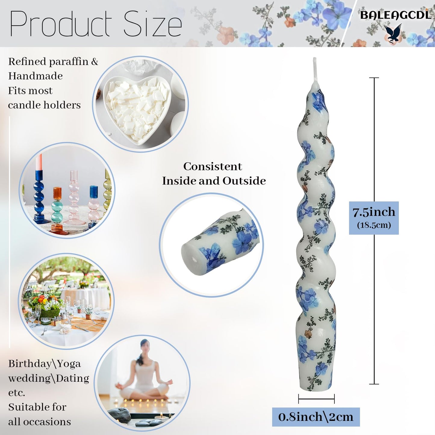 Short Taper Candle Forget-Me-Not Candles Floral Print Spiral Candlesticks, 7.5 Inch Handmade, Set of 2 for Home Wedding Party Decor Gifts