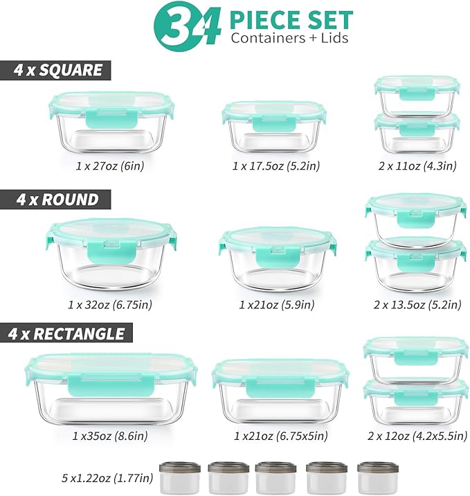 34pcs Glass Food Storage Containers