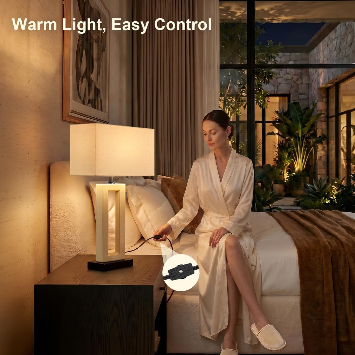 Vortether 22" Modern Ceramic Table Lamps Set of 2, Cream Crackle Glaze Hollow Bedside Lamps with Linen Shade, 5ft Cord Rotary Switch E26 Base Nightstand Lamps for Bedroom Living Room Entryway Decor