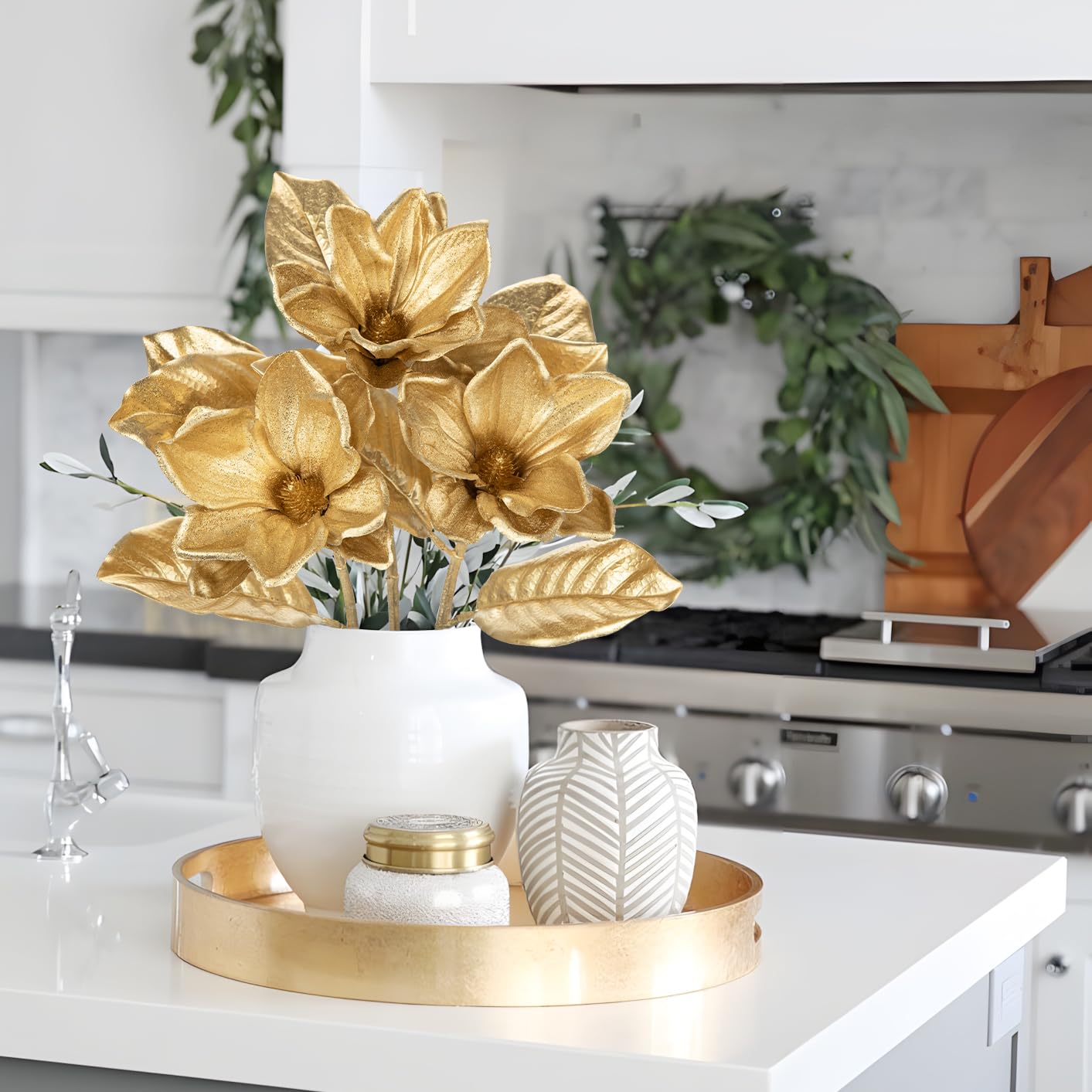 Briful Set of 3 Gold Magnolia Floral Stems 26in Magnolia Artificial Flowers Silk Magnolia Flower Branches for Christmas Home Office Table Vase Decor