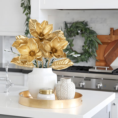 Briful Set of 3 Gold Magnolia Floral Stems 26in Magnolia Artificial Flowers Silk Magnolia Flower Branches for Christmas Home Office Table Vase Decor